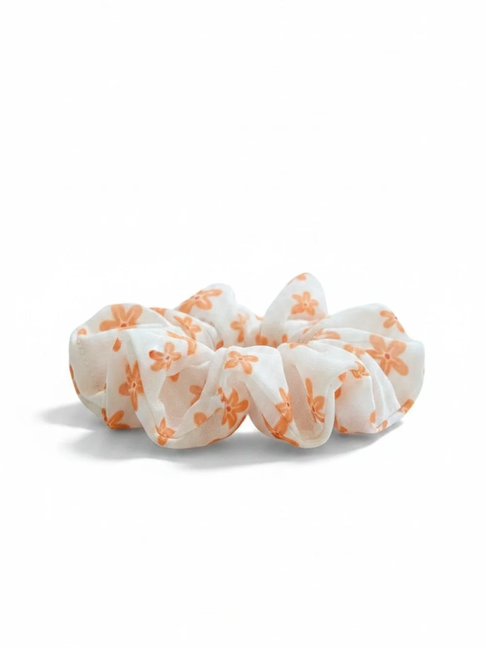 Light Peach Daisy Flower Floral White Semi Sheer Chiffon Ponytail Hold Scrunchie